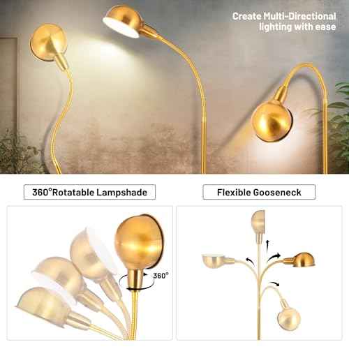 Adjustable LED Floor Lamp with Flexible Gooseneck, Rotatable Shade, E26 Socket, Sturdy 10" Base ? Modern Reading Light for Living Room, Bedroom, Office (Golden)