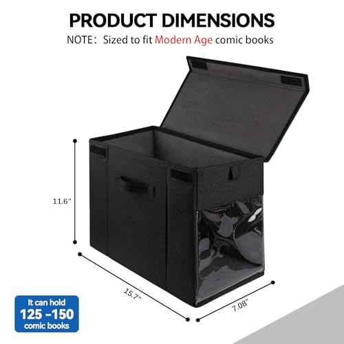 4 Pack Comic Book Storage Box with Lid for Modern Age, Collapsible Magazine Organizer with Clear Window, Holds 150 Comic Books Heavy Duty Case Container Holder, Black