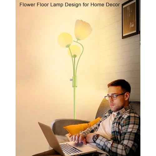 69IN Dimmable Floor Lamp Art Deco Floor Lamps with Globe & Flower Lampshade for Girls/Kid Room Standing Lamps with 3Pcs 3000K Bulbs Stylish Design Mid Century Modern Tall Lamp-Green