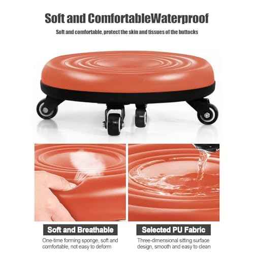 Lanstics Leather Roller Seat Wheel Stool with Universal Wheels - Low Rolling Chair for Home Office & Fitness (Orange)