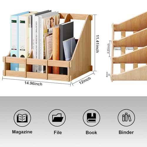 Bamboo Desktop Magazine Holder Desk File Organizer 3 Compartments Vertical File Dividers Book Holder Frames Document Cabinet Rack Storage Organizer Box for Home Office School Black (Nature)