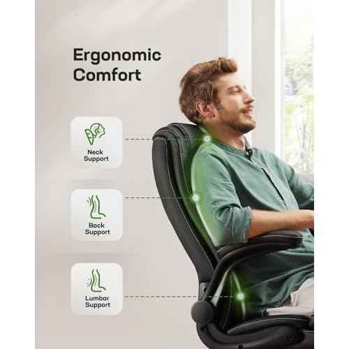 Marsail Executive Office Chair with Flip-up Armrests,PU Leather Ergonomic Desk Chair Height-Adjustable Swivel Rolling Computer Desk Chair,Black
