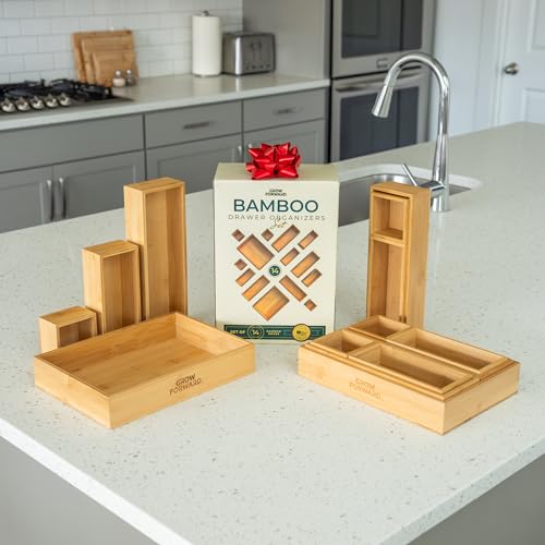 Grow Forward 14-Piece Bamboo Drawer Organizer Set - Multi-Size Storage Trays for Kitchen, Bathroom, Office & Makeup