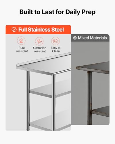 VEVOR Stainless Steel Kitchen Work Table 24x48 in with 2 Shelves Backsplash