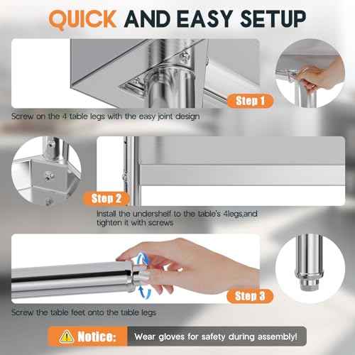 Jocisland 30" x 96" Stainless Steel Table for Prep & Work Adjustable Under Shelf and Feet, for Commercial Kitchen, Restaurant, Hotel and Garage