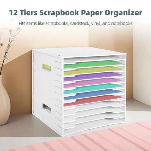 12 Tiers Scrapbook Paper Organizer, 12 x 12 in File Sorter Storage Rack, Adjustable PVC Foam Sheet Shelf Unit, Desktop Document Holder for Home Office Craft Room, Fits 13 x 13 in Cabinets