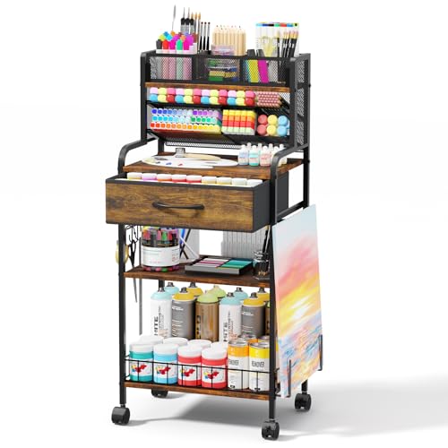 Art cart, 3 Tier Rolling Cart - Utility Cart with Storage Drawer and Wheels, Versatile Art & Craft Organizer for Home, Office, or Studio Ideal for Storing Brushes, Paints £¨Brown£©