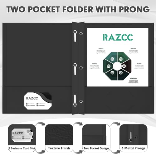 50 Pack Two Pocket Folders With Prongs, 3 Prong Folders Fit Letter Size Paper, File Folders for School Office Home Business, Black