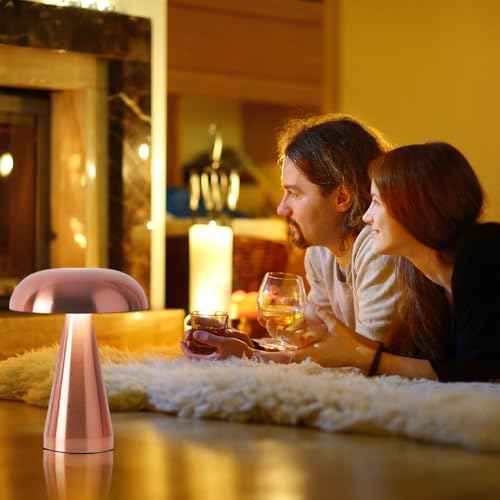 Portable Metal Desk Lamp,3-Color Touch Control, Rechargeable Battery - Ideal Bedside Lamp for Bedroom Nightstand (Rose Gold)