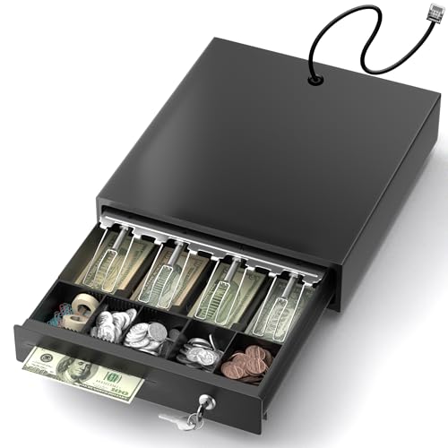 PYY Cash Drawer - 4 Bill & 5 Coin Slots Electronic Cash Register Drawer with 2 Keys for Lock and Removable Cash Tray, Auto Open Money Drawer with RJ11 Cable for POS Systems, for Small Business Retail