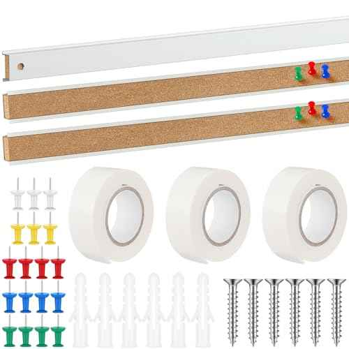 3 Pcs 48" x 1" Cork Strips Bulletin Bar Strips for Wall Bulletin Board Aluminum Trim Brown Cork Boards with Accessories for Paste Notes Photos Classroom Office Home Holiday Decor