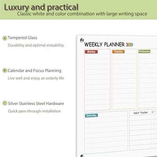 Glass Colorful Weekly Dry Erase Board for Wall,Weekly Planner Whiteboard for Wall 24"x18",Frameless Mounting,Medium Weekly Wall Calendar Dry Erase for Office/School/Home