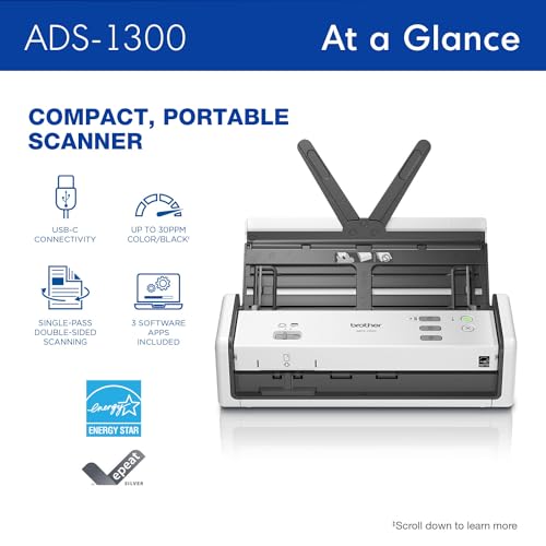 Brother ADS-1300 Current Model Compact Desktop Scanner - 30ppm Double-Sided USB Scanner