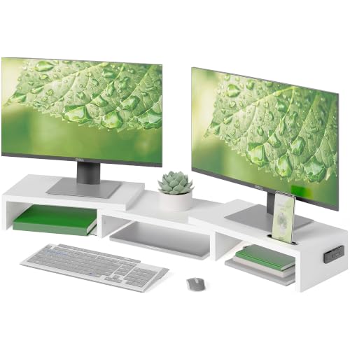 BONTEC White Dual Monitor Stand Riser, Adjustable 42.5 In Length, Swivel & Storage
