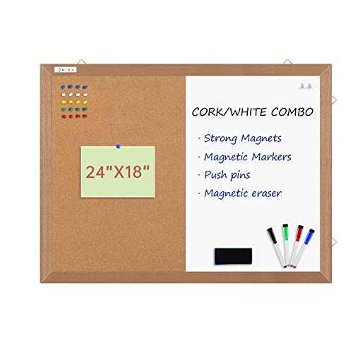 Combination Magnetic Whiteboard Cork Bulletin Board, 24" X 18¡° Combo Dry Erase White Board Cork Pin Board for Wall with Natural Wood Frame¡¦