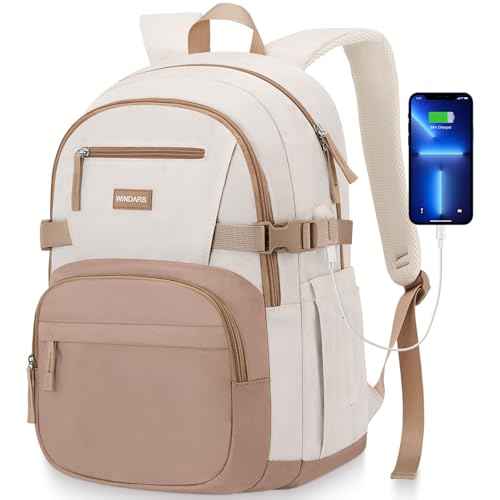 Backpack for School Girls, Cute High School Backpacks for Teens Women Student Large Bookbag 15.6 Inch Laptop Bag with USB Charger Port for College Work Travel Trip (Khaki Beige)