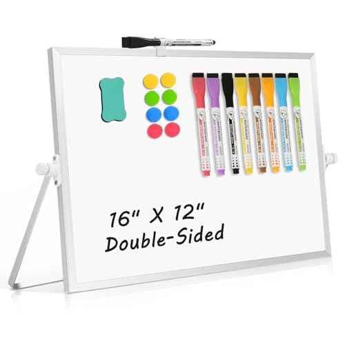 Dry Erase Magnetic White Board, 16" x 12" Double-Sided Desktop Whiteboard with Stand, Portable Small Whiteboard Set for Drawing, Office, Home, School