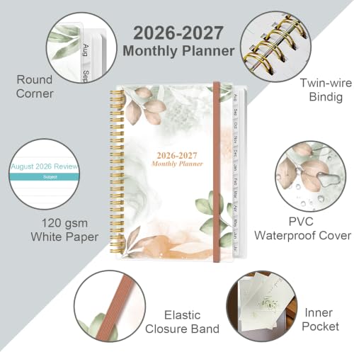 Heveboik Rose Leaf Monthly Planner 2026-2027, 6.4 x 8.5 inch, Tabs & Inner Pocket
