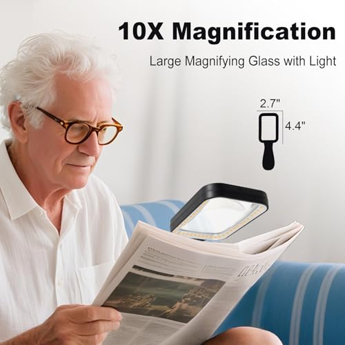 GABORISH 10X Magnifying Glass with Light - Rechargeable, Adjustable 3 Color Modes, Rectangular Lens