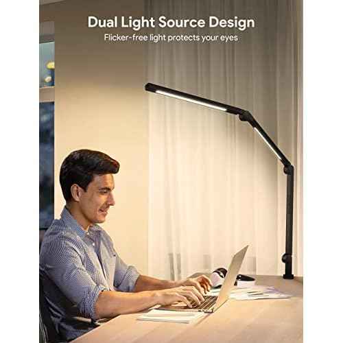 MediAcous LED Desk Lamp with Clamp, Dual Light Desk Lamp with Swing Arm, 4 Color Modes & 4 Brightness Metal Table Lamp, Eye-Caring Clip-on Lamp with Memory Function for Home Office Work Study