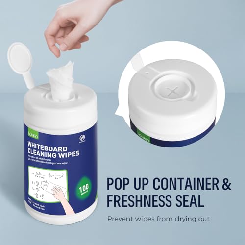 loukin 100 Pack Whiteboard Cleaning Wipes, Dry Erase Surface Cleaner, Non-Toxic & Moist to Use