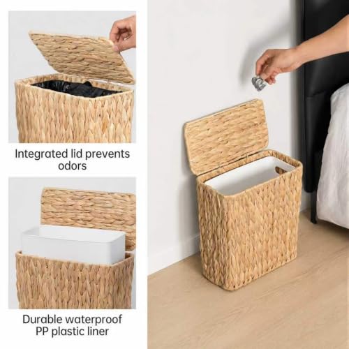 Coeusy Water Hyacinth Wicker Trash Can with Lid, Small Bathroom Waste Bin 3 Gallon