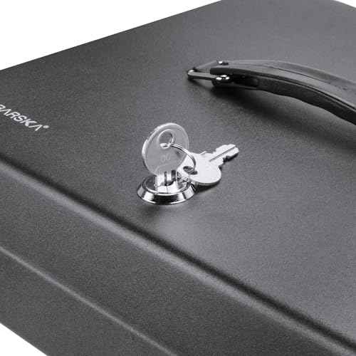 Barska 12-Inch Fold Out Cash Box with Key Lock ? Drop Slot, 4 Bill Compartments, 5 Coin Tray Sections, Steel Construction, Portable Money Box for Home, Office, or Events