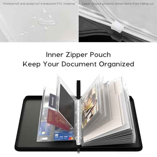 Important Document Organizer Zipper Binder,Fireproof Document Bag for Birth Certificate Protector, Waterproof Bill Organizer in Case I Go Missing Binder for Home Safe, 4 Ring Receipt Holder (Black)