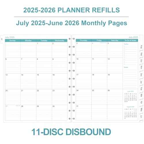 2025-2026 Planner Refills, 11-Disc Discbound One Page Per Day, Daily £¦ Monthly Planner Refill from July 2025 - June 2026, Letter Size, 8.5" x 11"
