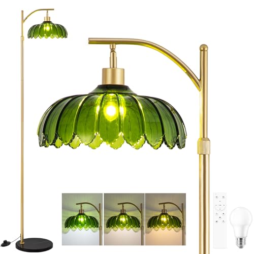 Arc Floor Lamp for Living Room, Modern Standing Lamp with Remote, Dimmable, 3CCT, Arc Tall Floor Lamp with Green Glass Lampshade for Bedroom Study Room Office (Bulb Included)