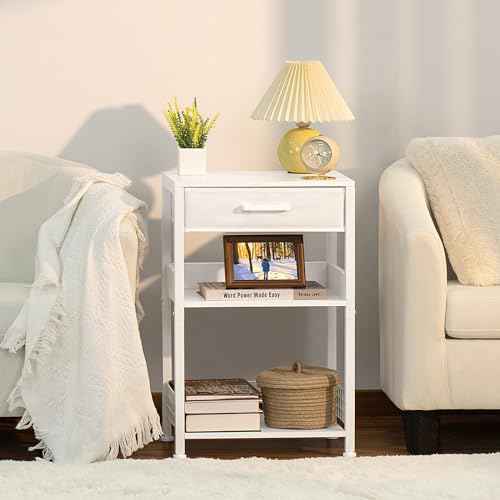 Lerliuo White Printer Stand with Fabric Drawer, 3 Tier Industrial Side Table, Modern Small Printer Desk Holder with Storage Shelf,Multi-Functional Bedside Tables for Home Office Fax Machine Scanner