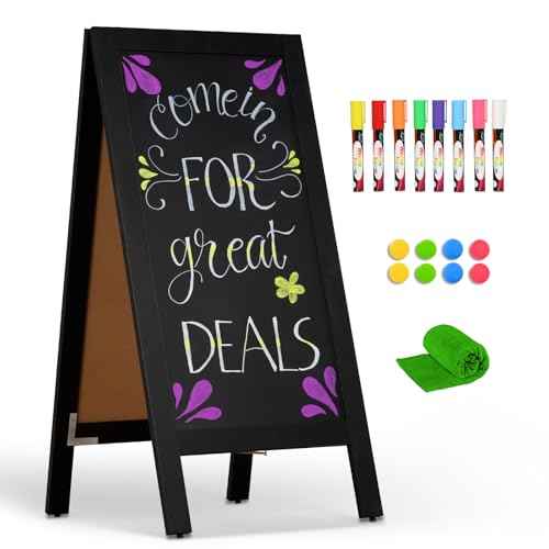 4 THOUGHT A-Frame Double-Sided Magnetic Chalkboard 40"x20", Solid Pine Wood Freestanding Sandwich Board for Restaurants, Cafes, Weddings (Black)