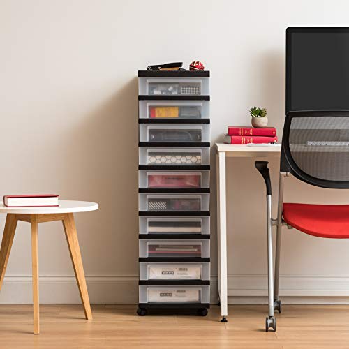 IRIS USA 10-Drawer Rolling Storage Cart, Black/Clear - Includes Casters