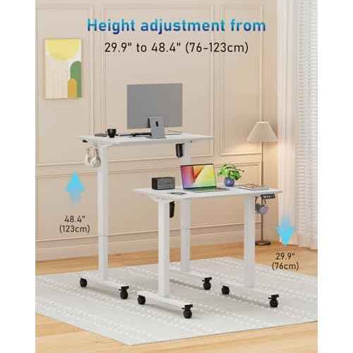 Small Height Adjustable Electric Standing Desk, 31.5" x 23.6" Sit Stand up Desk with Splice Board, Ergonomic Rising Computer Home Office Desk Table with Memory Preset, White Frame/White Top