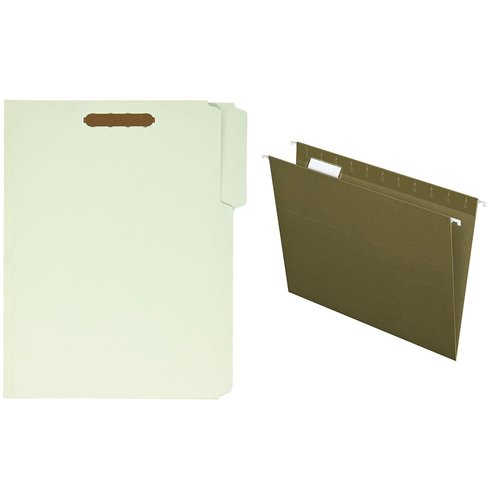 Pendaflex Pressboard Fastener Folders, 2 Fasteners, Letter Size, Light Green, 1" Expansion & Hanging File Folders, Letter Size, Standard Green, 1/5-Cut Adjustable Tabs, 25 Per Box