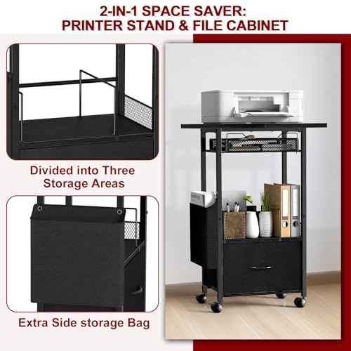 Mobile 3-Tier Printer Stand with 2-Drawer File Cabinet, 24 Extended Desktop & Lockable Wheels, Adjustable Rolling Cart for Home Office Storage (Black)