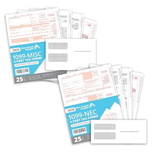 Blue Summit Supplies 1099 Forms 2025 NEC and MISC Bundle, Includes 25 Pack of Each (50 Total Sets) of 1099 NEC and 1099 MISC Forms 2025 with envelopes, 50 Total Self Seal Envelopes
