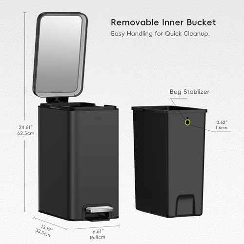 EKO Small Bathroom Trash Can with Lid Soft Close, Step Pedal, 10 Liter / 2.6 Gallon Stainless Steel Garbage Can with Removable Inner Bucket, Anti-Fingerprint Finish (Matte Black)