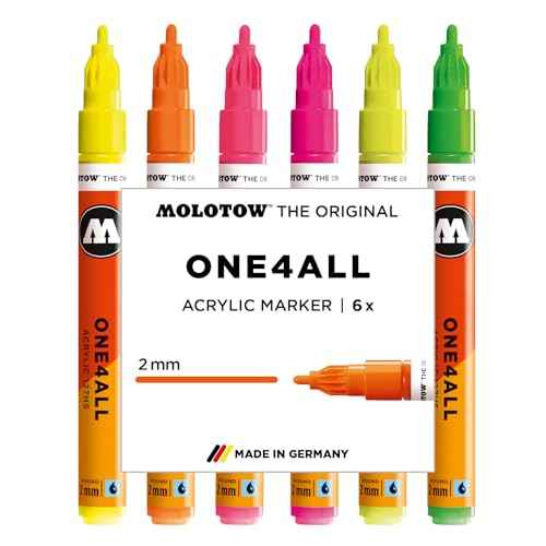 Molotow One4All 127HS Acrylic Marker Neon Set (2.0 mm Line Width, High Coverage and Permanent, Quick Drying, Refillable, for Almost All Surfaces) Pack of 6 Assorted Colours