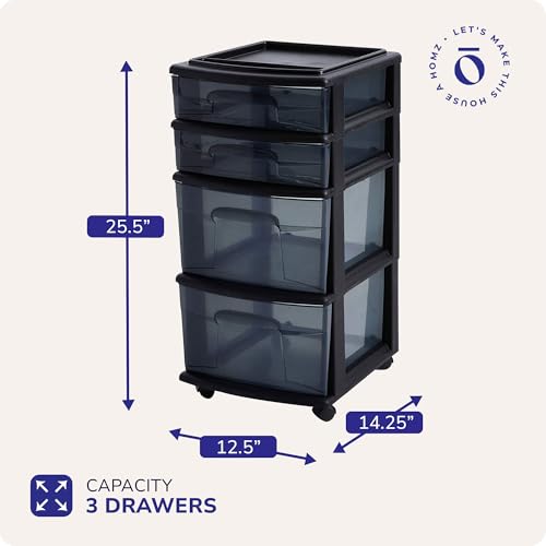 HOMZ 4-Tier Drawer Tower Storage Cart All Black with Removable Wheels - Made in USA