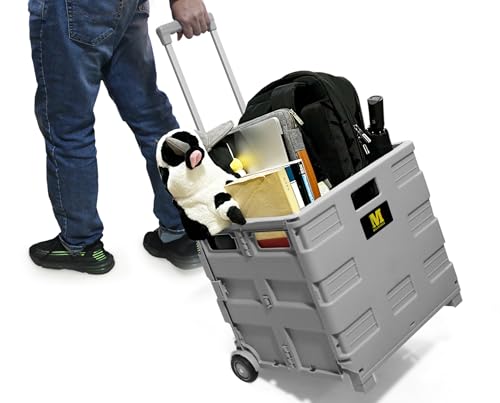 MaxWorks Gray Collapsible Rolling Utility Cart with Lid, 80 lb Capacity, Telescoping Handle