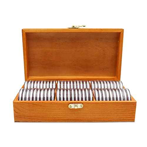 20-46 mm Wooden Coin Holder, 60 pcs Highly Transparent Capsules With Foam Gasket, Collector Case, Professional Storage Box for Collection (Bronze)