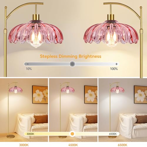QIYIZM Pink Floor Lamp 4 - Dimmable Tall Arc Lamp with Remote & Adjustable Height, Mid Century Modern Boho Brass Lighting for Living Room & Bedroom