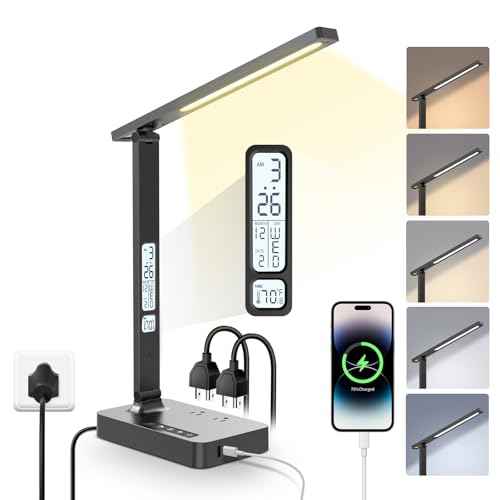 Power Strip with LED Desk Lamp, 2 Outlets 1 USB-A Ports 1 Type-C Ports, Small Desk Lamp with Surge Protection and Led Display, 5ft Extension Cord, 5 Color Modes 5 Brightness, Dorm Room Essentials
