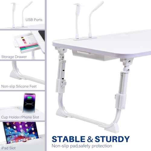 Laptop Desk for Bed, Height Adjustable Laptop Bed Table, Foldable Portable Lap Desk Stand with USB/Storage Drawer/Cup Holder/Slot, Breakfast Tray for Working Reading Writing Eating, White