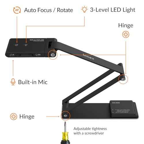 Innex DC500 13MP 4K USB Document Camera, Webcam & Scanner, 3-in-1, 13MP, Noise-Cancelling Mic, Dual Autofocus, Auto Flip, Built-in LED lamp, OCR, Win, Mac, Chromebook, Distance Education, Meetings