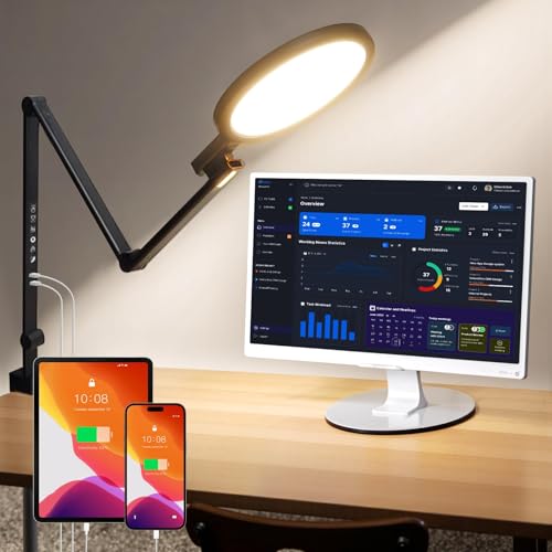 Clamp Desk Light,Eye-Care Office Desk Lamp with USB Charging Ports, 1200LM 5 Color Temp Dimmable Swing Arm Desk Light for Home Office, Computer Monitor, Video Conference & Zoom Meetings