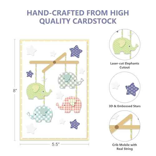 Baby Shower Card - 3D Cute Design Baby Shower Card for Boy or Girl with Envelope and Seal Sticker, 5x8in Welcome New Baby Gender Neutral (Elephants & Stars)