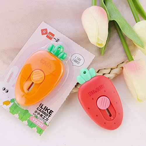 2 Pack Mini Creative Carrot an Strawberry Shaped Art & Craft Cutter Retractable Box Letter Opener Portable Utility Knives Office School Stationery for Cutting Envelope Paper Cardboard