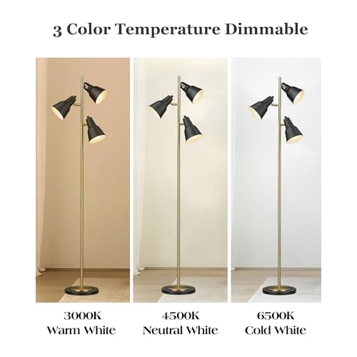 ELYONA Gold Tree Floor Lamp with 3 Adjustable Rotating Lights, Industrial Tall Pole Metal Standing Lights with 3 LED Bulbs for Living Room,Bedroom,Farmhouse,Office,Hotel, Vintage Brushed Brass & Black